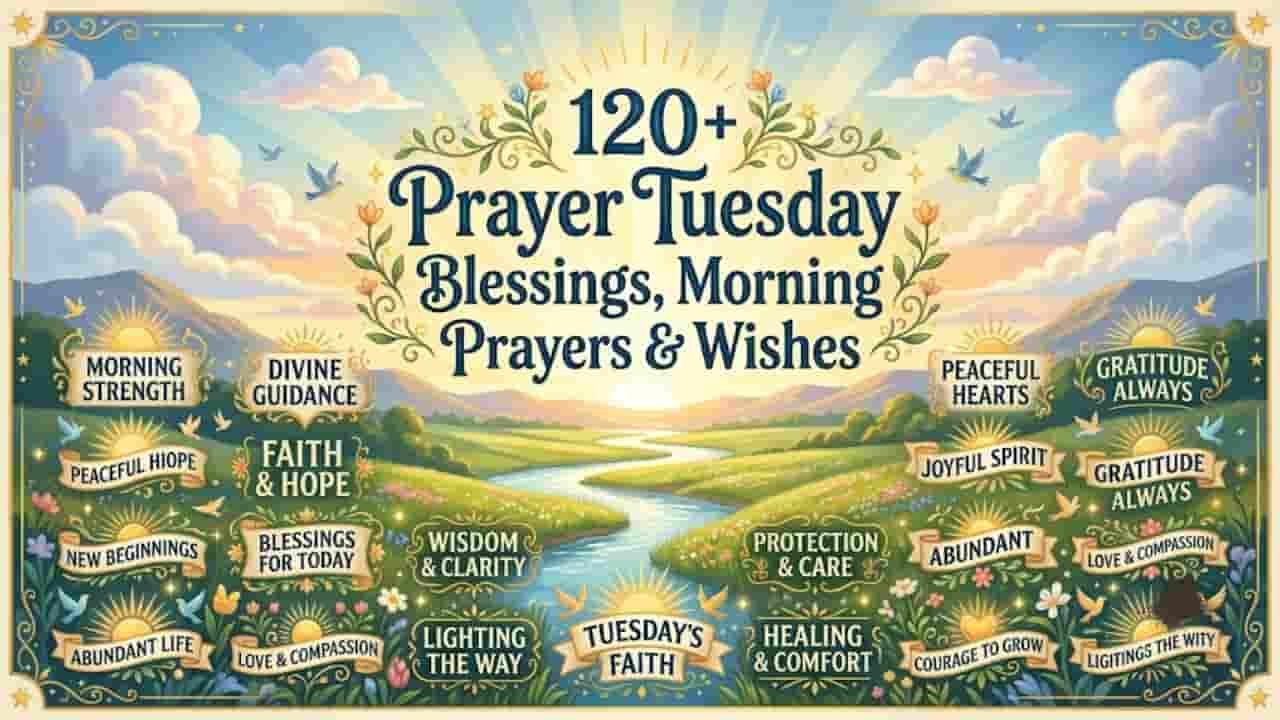 A vibrant sunrise landscape graphic featuring the text '120+ Prayer Tuesday Blessings, Morning Prayers & Wishes' surrounded by serene hills, a river, flowers, flying birds, and peaceful blessing tags.