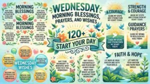 A decorative banner featuring text that reads "120+ Wednesday Morning Blessings, Prayers, and Wishes to Start Your Day" surrounded by colorful floral illustrations, birds, mountains, and sunshine.