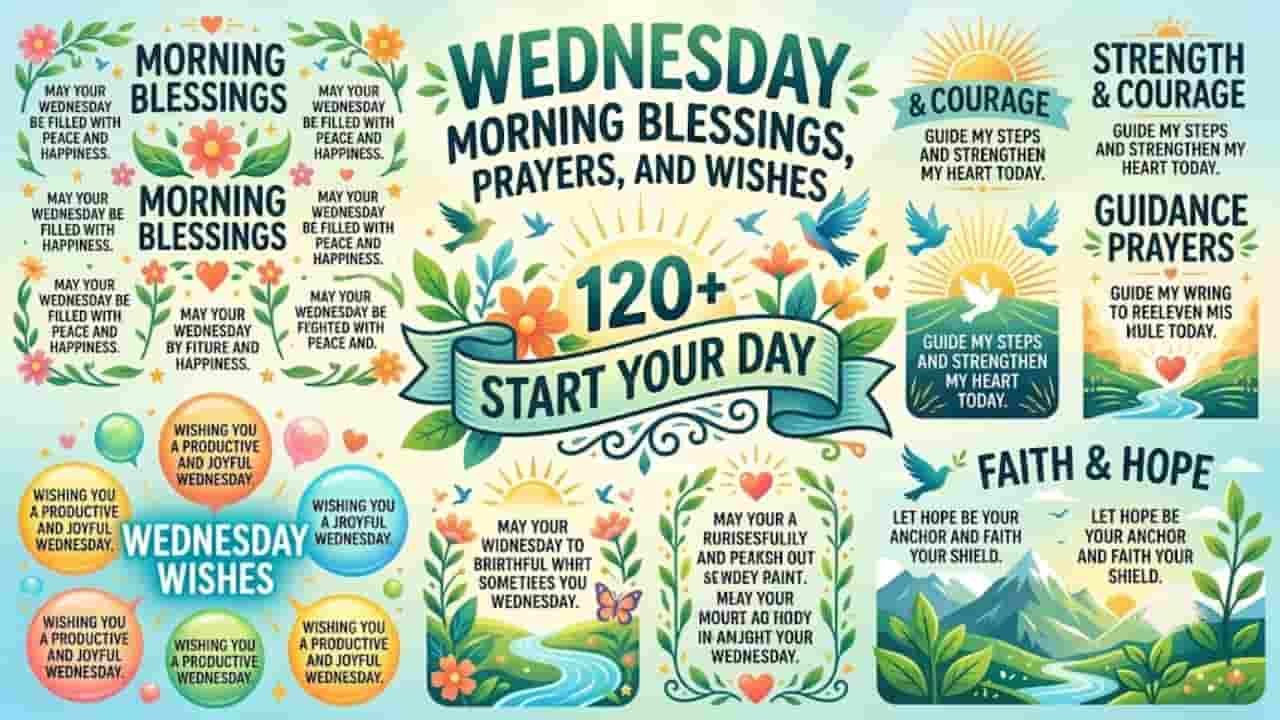 A decorative banner featuring text that reads "120+ Wednesday Morning Blessings, Prayers, and Wishes to Start Your Day" surrounded by colorful floral illustrations, birds, mountains, and sunshine.