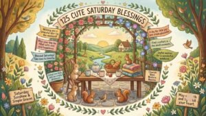 An cozy outdoor patio scene featuring rabbits, squirrels, and birds gathered around a wooden table set with tea and snacks, framed by blooming flowers, trees, and banners with Saturday blessings, with no humans or crosses in the artwork "Cute Saturday blessings".