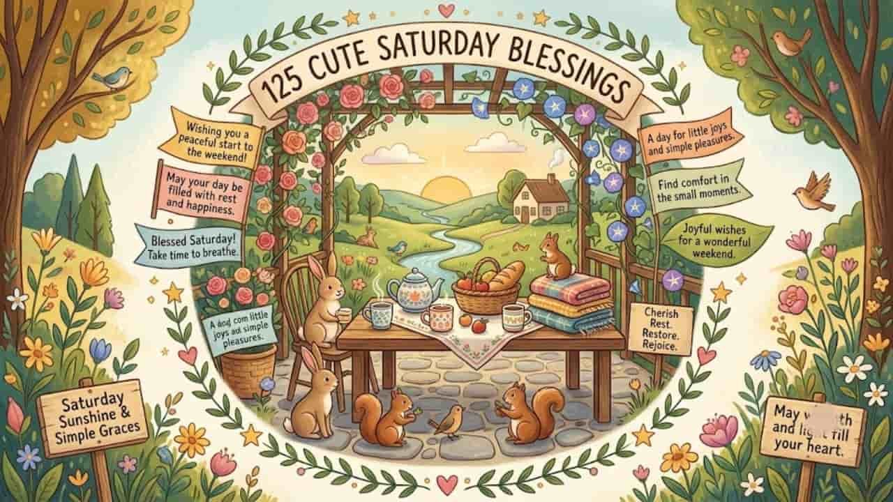 An cozy outdoor patio scene featuring rabbits, squirrels, and birds gathered around a wooden table set with tea and snacks, framed by blooming flowers, trees, and banners with Saturday blessings, with no humans or crosses in the artwork "Cute Saturday blessings".