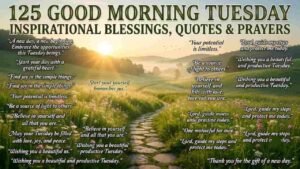 A serene morning landscape with a stone path leading through a sunny green field of wildflowers, featuring the text "125 Good Morning Tuesday Inspirational Blessings, Quotes & Prayers" along with various uplifting quotes.