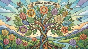 A colorful stained-glass illustration of a tree of life surrounded by blooming flowers, flying birds, and peaceful mountain landscapes, featuring text ribbons with 125 Happy Sunday blessings, prayers, and quotes.