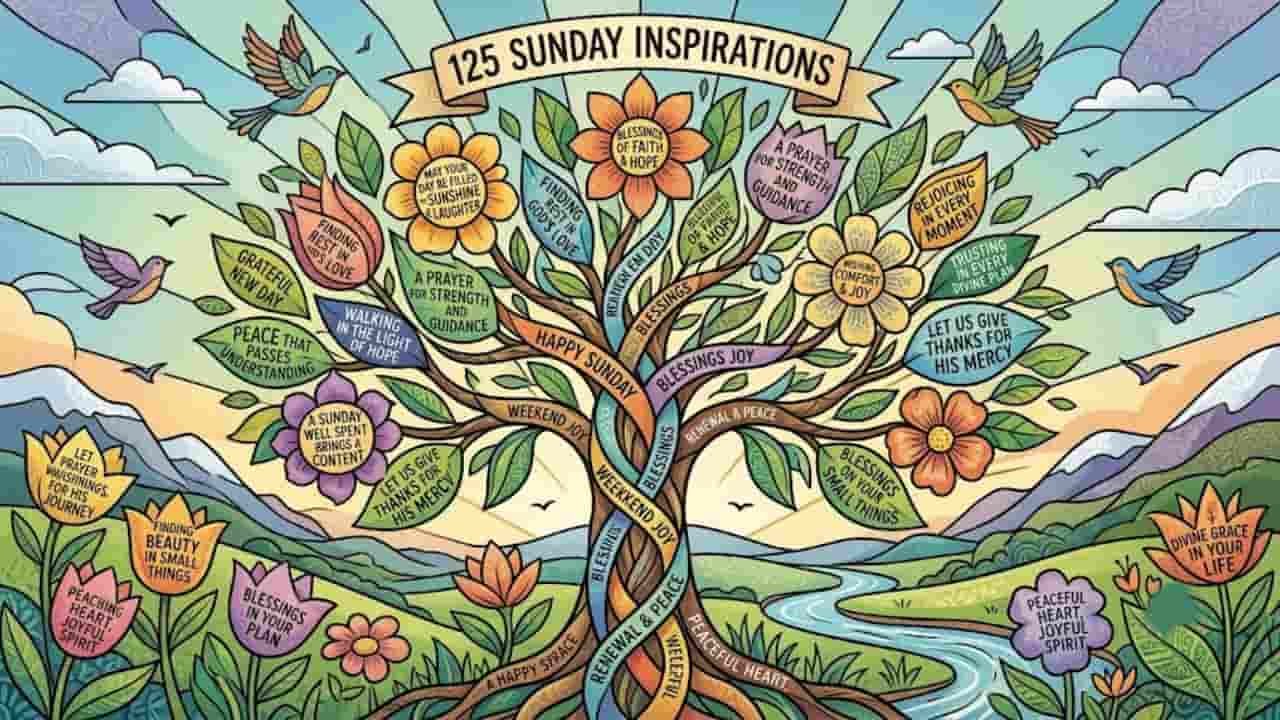 A colorful stained-glass illustration of a tree of life surrounded by blooming flowers, flying birds, and peaceful mountain landscapes, featuring text ribbons with 125 Happy Sunday blessings, prayers, and quotes.