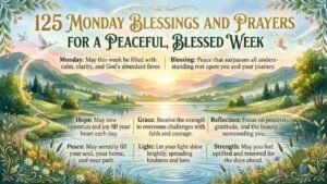A serene watercolor landscape featuring a sunrise over a peaceful lake and mountains, surrounded by lush greenery, flowers, and white doves, with uplifting text for "125 Monday Blessings and Prayers for a Peaceful, Blessed Week."