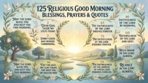 Graphic with the title "125 Religious Good Morning Blessings, Prayers & Quotes" featuring a serene landscape with a rising sun, flowing river, white doves, and floral borders.