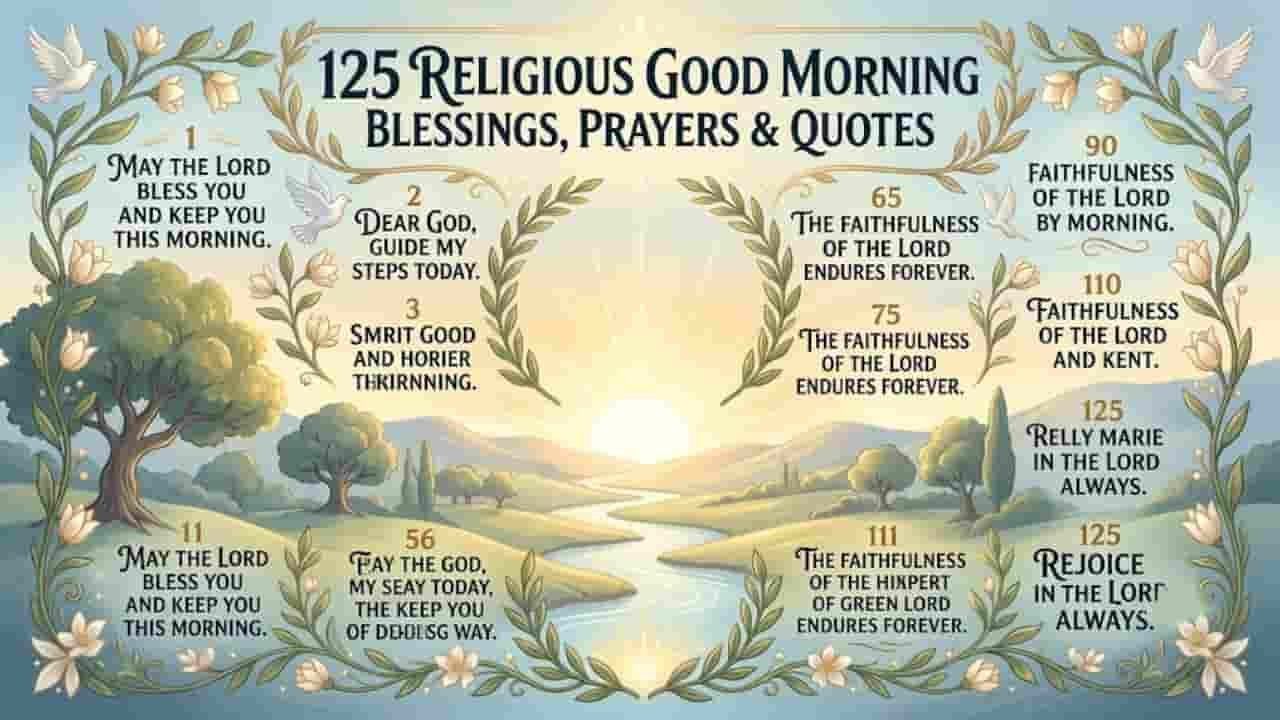 Graphic with the title "125 Religious Good Morning Blessings, Prayers & Quotes" featuring a serene landscape with a rising sun, flowing river, white doves, and floral borders.