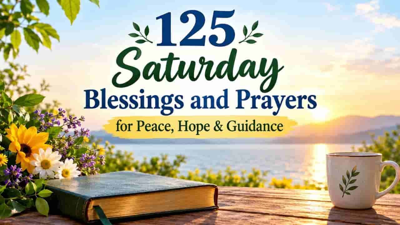 125 Saturday blessings and prayers for peace, hope, and guidance, featuring a peaceful sunrise over a lake with flowers, a Bible, and a warm cup of coffee.