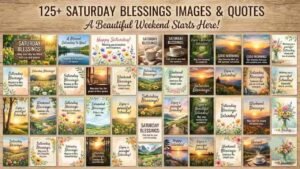 A collage of Saturday blessings cards featuring watercolor flowers, scenic sunrise landscapes, forest pathways, and cozy coffee cups, set against a light wooden background "saturday blessings images and quotes".