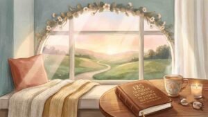 An open book titled "125 Sunday Morning Prayers & Blessings for Faith & Hope" sitting on a wooden table alongside a steaming cup of coffee, a glowing candle, and eyeglasses, set before a sunlit window overlooking rolling hills "Sunday morning prayers and blessings".