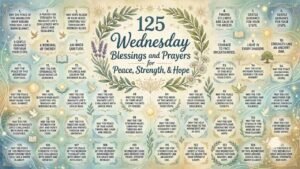 An illustrative poster featuring nature-themed foliage, doves, and decorative frames containing 125 numbered Wednesday blessings and prayers for peace, strength, and hope against a soft watercolor background.