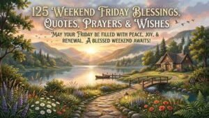 An elegant landscape painting of a cozy lakeside cabin at sunrise with lush wildflowers, a stone path, a wooden bridge, and decorative text reading "125 Weekend Friday Blessings, Quotes, Prayers & Wishes."