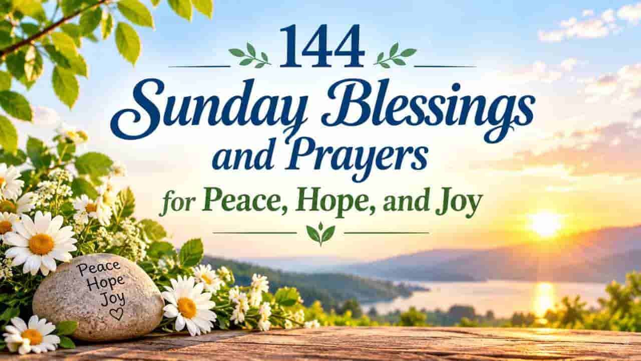 144 Sunday blessings and prayers for peace, hope, and joy, featuring a beautiful sunrise over a tranquil lake, green hills, white daisies, and inspirational text in elegant blue and green lettering.