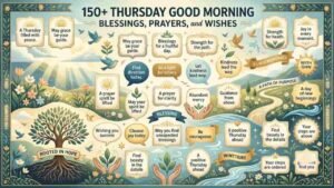 An illustrated graphic featuring 150+ Thursday good morning blessings, prayers, and wishes, decorated with trees, flowers, birds, and sunlight.