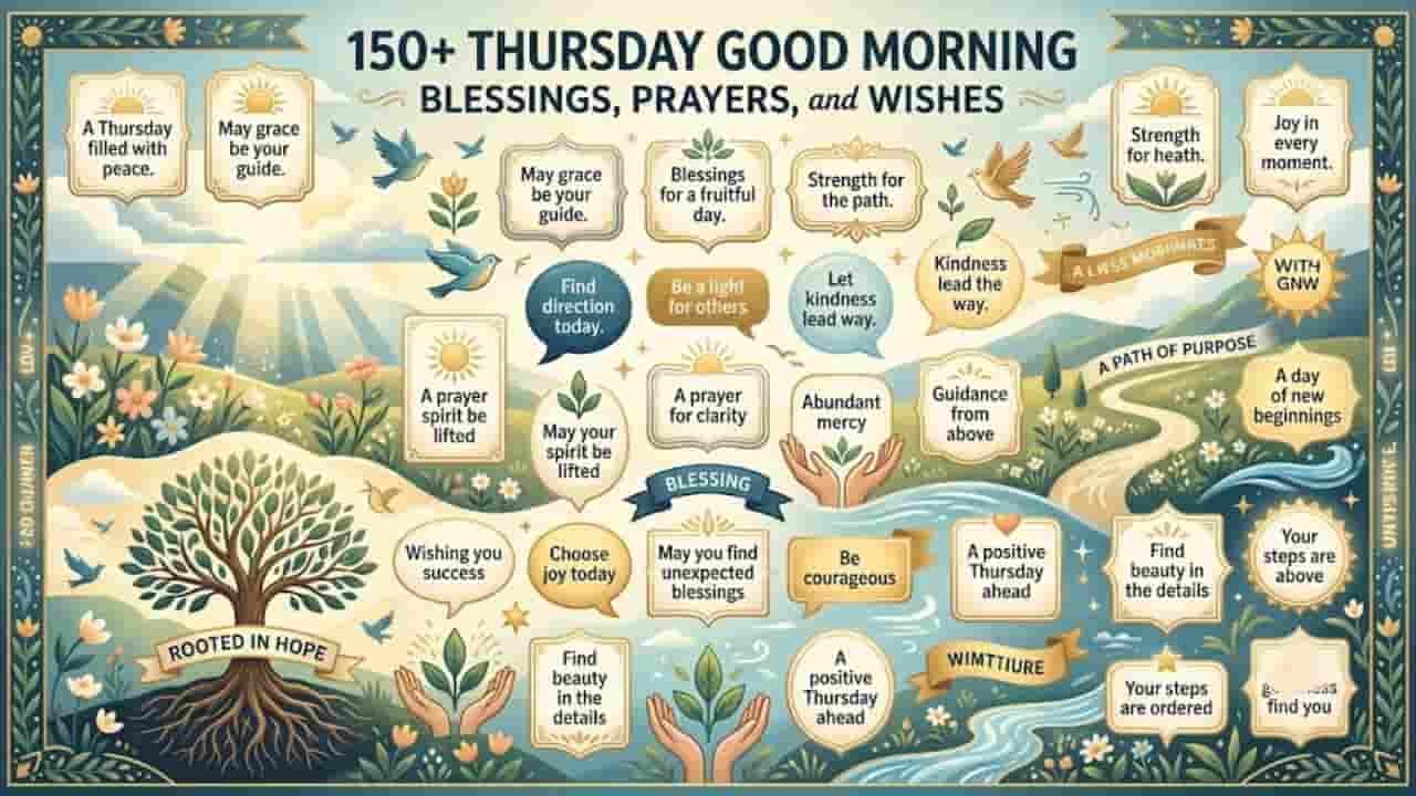 An illustrated graphic featuring 150+ Thursday good morning blessings, prayers, and wishes, decorated with trees, flowers, birds, and sunlight.