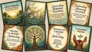 An artistic collage of seven Christian Saturday morning blessing cards featuring vibrant botanical art, sunrises, tree illustrations, and uplifting biblical scriptures "African American Saturday Morning Blessings".