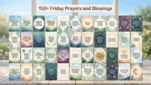 An graphic featuring a header titled "150+ Friday Prayers and Blessings" above a large grid of colorful aesthetic cards. The cards feature serene landscape art with sunrises, mountains, clouds, and botanical leaf illustrations in pastel watercolors, each displaying uplifting messages and peace blessings for Friday and the weekend.