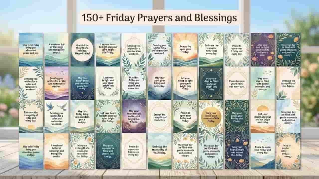 An graphic featuring a header titled "150+ Friday Prayers and Blessings" above a large grid of colorful aesthetic cards. The cards feature serene landscape art with sunrises, mountains, clouds, and botanical leaf illustrations in pastel watercolors, each displaying uplifting messages and peace blessings for Friday and the weekend.