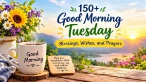 Good morning Tuesday blessings image with a sunrise, colorful flowers, a steaming coffee mug, and inspirational Tuesday wishes and prayers.