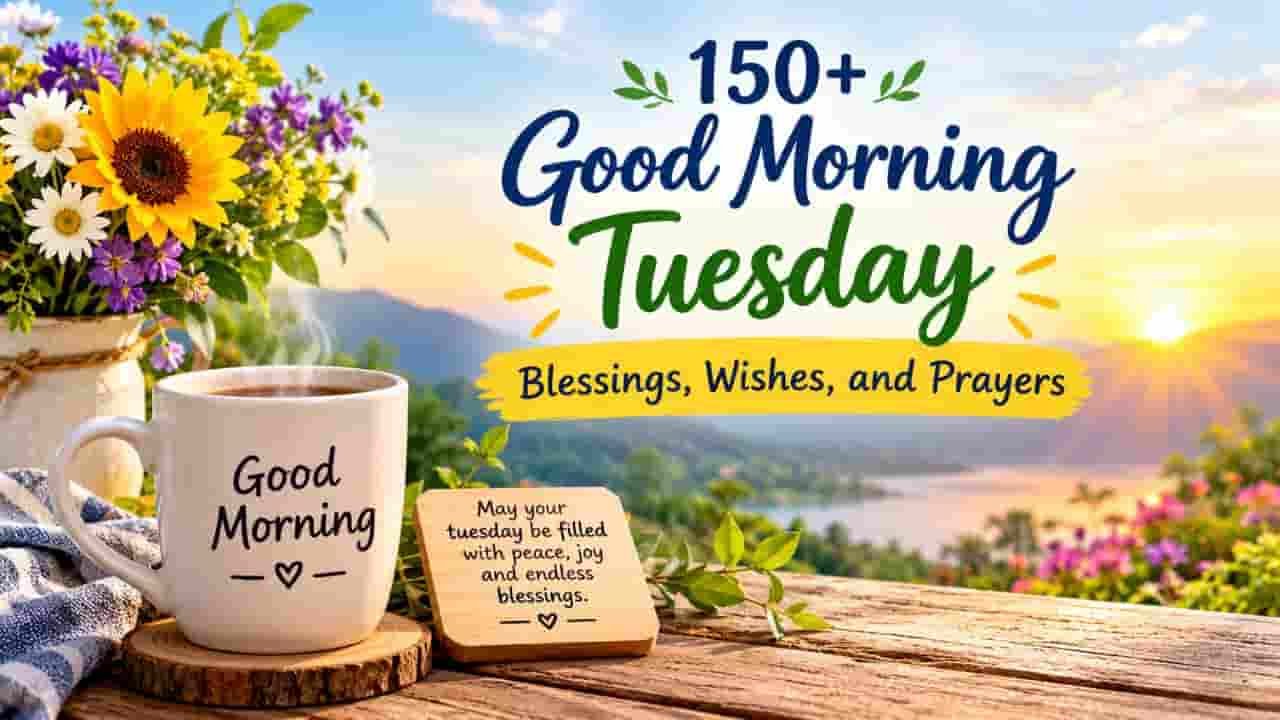 Good morning Tuesday blessings image with a sunrise, colorful flowers, a steaming coffee mug, and inspirational Tuesday wishes and prayers.