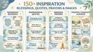 An infographic titled "150+ Inspiration Wednesday Blessings, Quotes, Prayers & Images" divided into four vertical sections with botanical, nature, and symbolic illustrations.