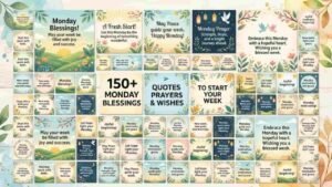 A grid layout featuring various square cards filled with floral and nature-inspired Monday blessing quotes, prayers, and wishes "monday blessings quotes".