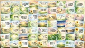 A collage of bright watercolor Monday morning blessing card images featuring nature scenes, sunrises, flowers, and uplifting inspirational quotes "Monday morning blessings images".