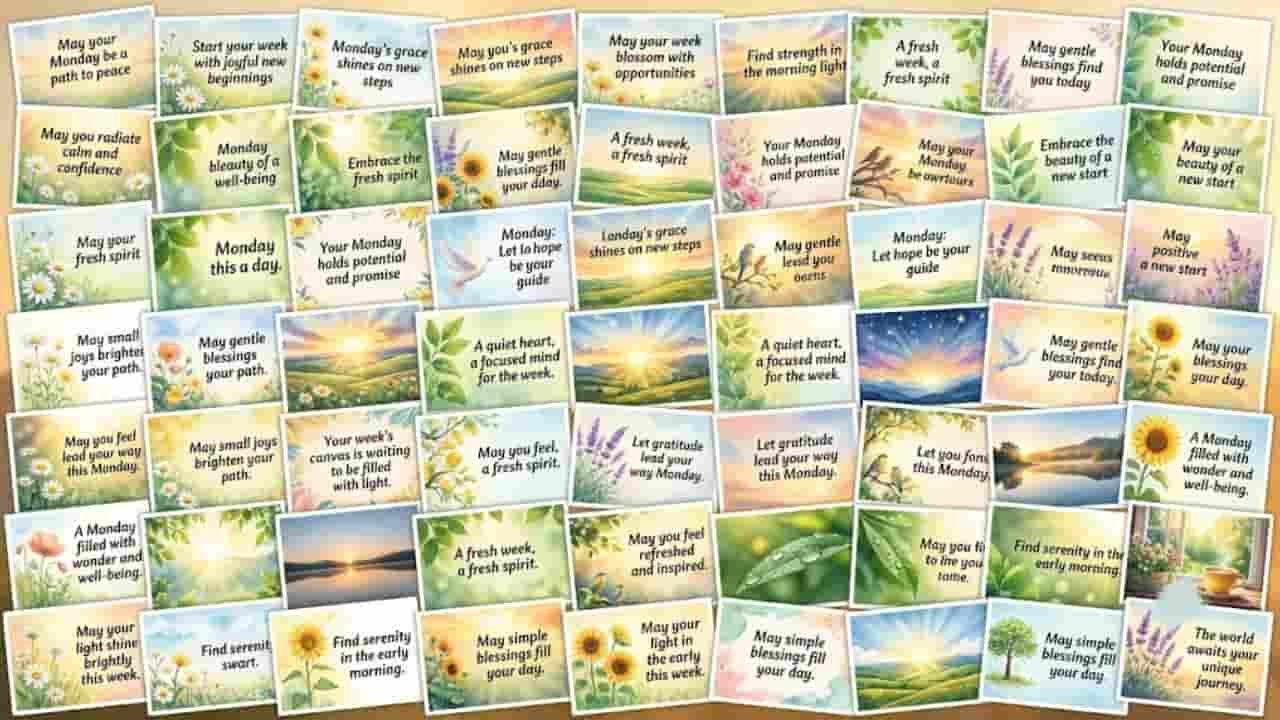 A collage of bright watercolor Monday morning blessing card images featuring nature scenes, sunrises, flowers, and uplifting inspirational quotes "Monday morning blessings images".
