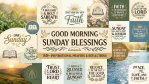 A graphic image featuring a collection of religious Good Morning Sunday Blessings, typography art, and inspirational prayers set against warm morning light, gentle nature, and water backgrounds.