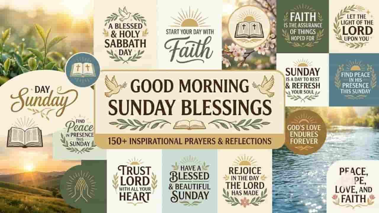 A graphic image featuring a collection of religious Good Morning Sunday Blessings, typography art, and inspirational prayers set against warm morning light, gentle nature, and water backgrounds.