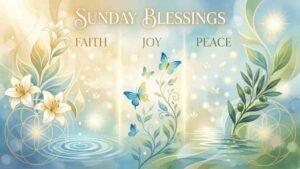 A serene "Sunday Blessings" banner split into Faith, Joy, and Peace sections, featuring lilies, butterflies, olive branches, and glowing light over soft blue and gold watercolors"Sunday Blessings Quotes".