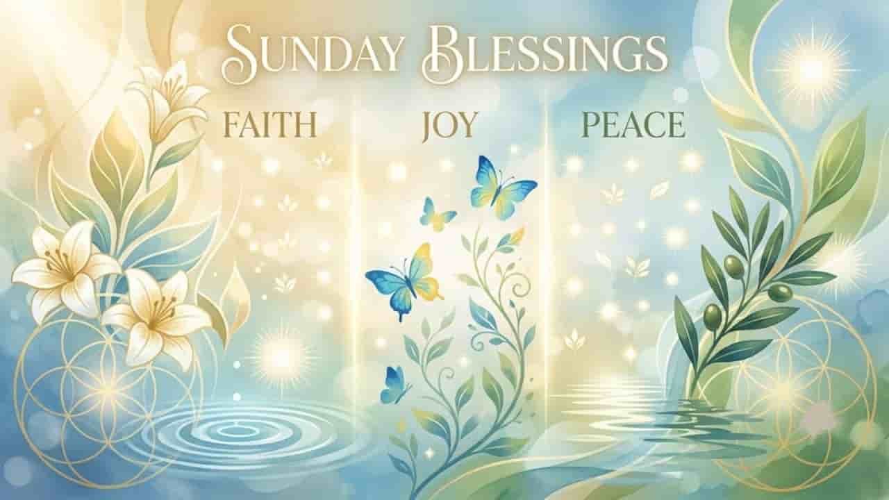 A serene "Sunday Blessings" banner split into Faith, Joy, and Peace sections, featuring lilies, butterflies, olive branches, and glowing light over soft blue and gold watercolors"Sunday Blessings Quotes".