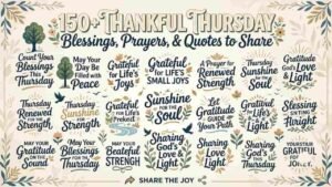 An graphic displaying a collection of Thankful Thursday blessings, prayers, and quotes in decorative typography, framed by a floral foliage border with nature motifs like trees, birds, and leaves.