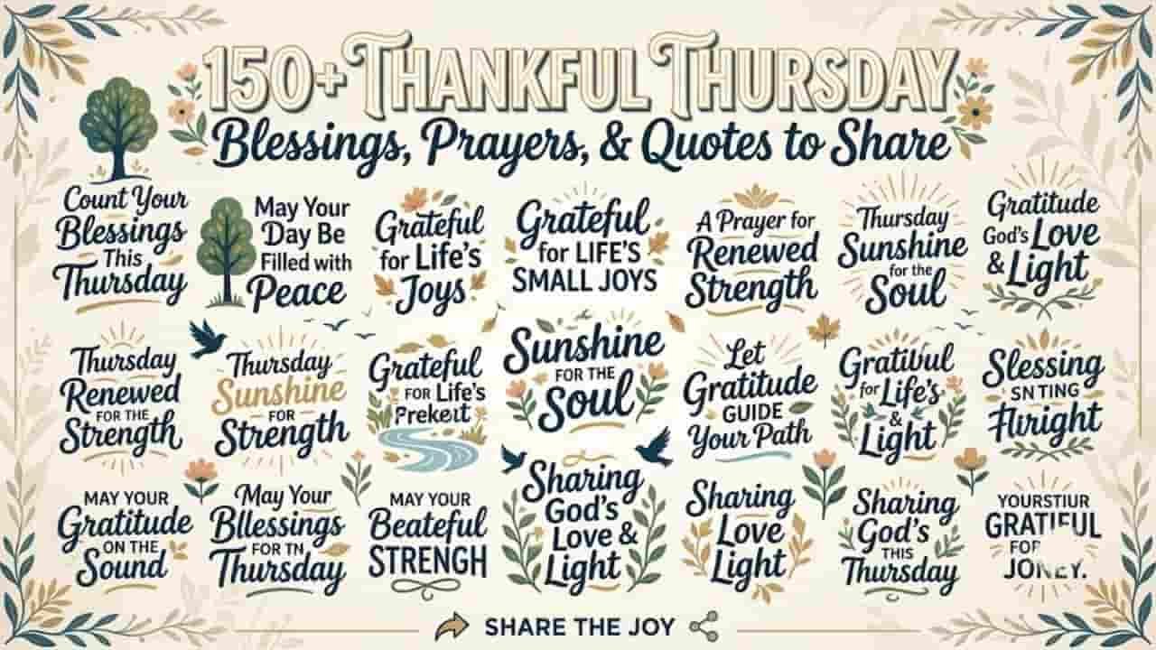 An graphic displaying a collection of Thankful Thursday blessings, prayers, and quotes in decorative typography, framed by a floral foliage border with nature motifs like trees, birds, and leaves.