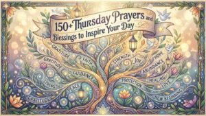 An ornate illustration featuring a central tree with sprawling branches bearing words like "Gratitude," "Peace," "Strength," and "Joy," surrounding a scroll that reads "150+ Thursday Prayers and Blessings to Inspire Your Day".