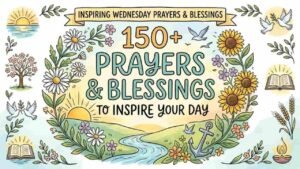 A colorful watercolor illustration featuring the text "150+ PRAYERS & BLESSINGS TO INSPIRE YOUR DAY" framed by a floral wreath, set against a peaceful landscape with a rising sun, river, sunflowers, daisies, and serene symbols including doves, an anchor, an open book, and candle flames "wednesday prayers and blessings".