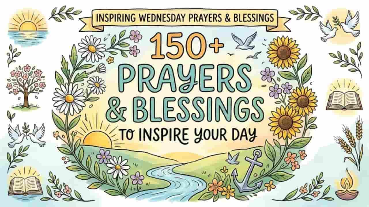 A colorful watercolor illustration featuring the text "150+ PRAYERS & BLESSINGS TO INSPIRE YOUR DAY" framed by a floral wreath, set against a peaceful landscape with a rising sun, river, sunflowers, daisies, and serene symbols including doves, an anchor, an open book, and candle flames "wednesday prayers and blessings".