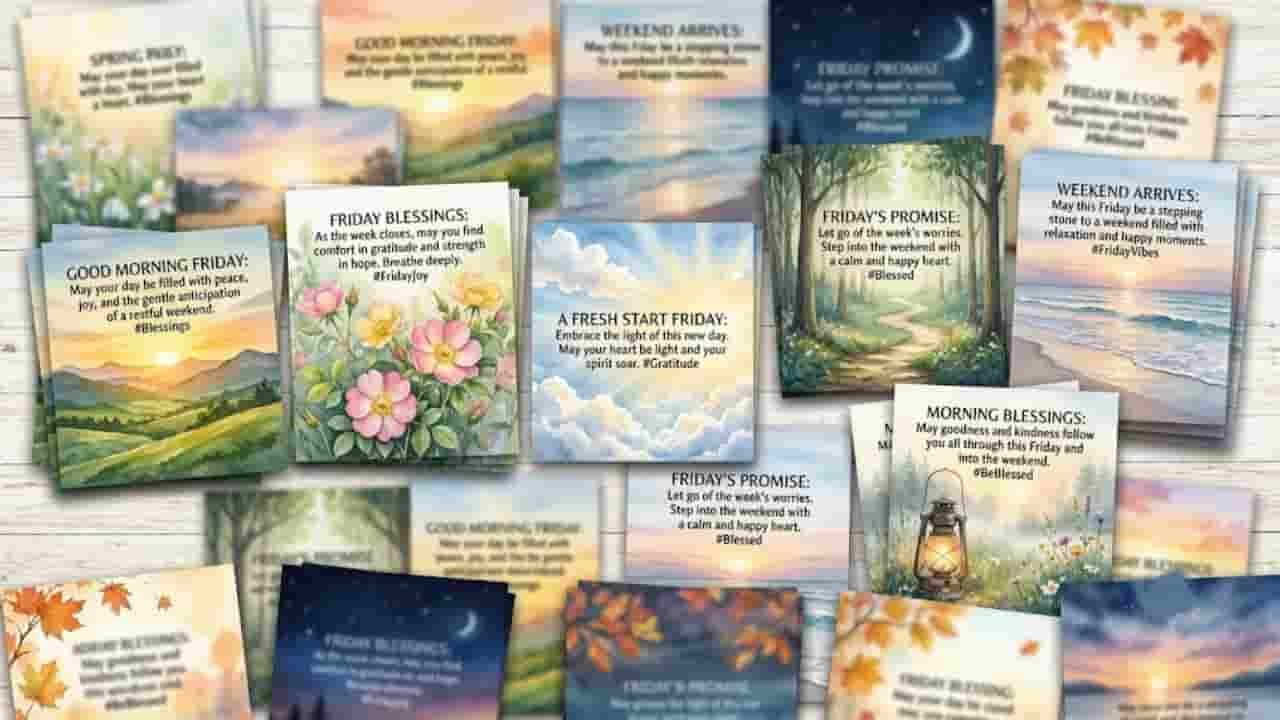 A collection of watercolor Good Morning Friday blessing quote cards displayed on a rustic white wooden background, featuring scenic landscapes, blooming flowers, glowing lanterns, and sunrise views with uplifting weekend wishes "good morning friday blessings images and quotes".