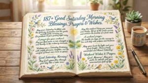 An open book on a wooden table displaying decorative text for Saturday morning blessings, surrounded by coffee, a pen, and floral illustrations "good saturday morning blessings".