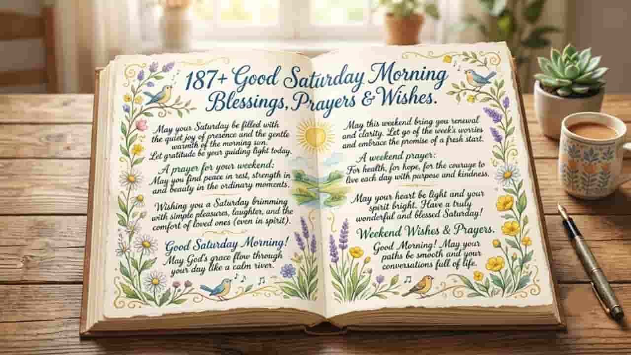 An open book on a wooden table displaying decorative text for Saturday morning blessings, surrounded by coffee, a pen, and floral illustrations "good saturday morning blessings".