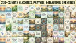 A grid collage featuring colorful Sunday blessings, prayers, and greetings cards decorated with flowers, doves, sunsets, and stained-glass patterns "A grid collage featuring colorful Sunday blessings, prayers, and greetings cards decorated with flowers, doves, sunsets, and stained-glass patterns "sunday blessings images".