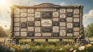 An outdoor wooden board adorned with flowers in a field, displaying various short Friday blessing plaques "Short friday blessings quotes".