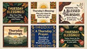 A collection of six African American Thursday blessing card designs featuring vibrant Afrocentric patterns, warm sunrises, peaceful doves, and uplifting motivational text messages "African American Thursday Blessings GIFs".