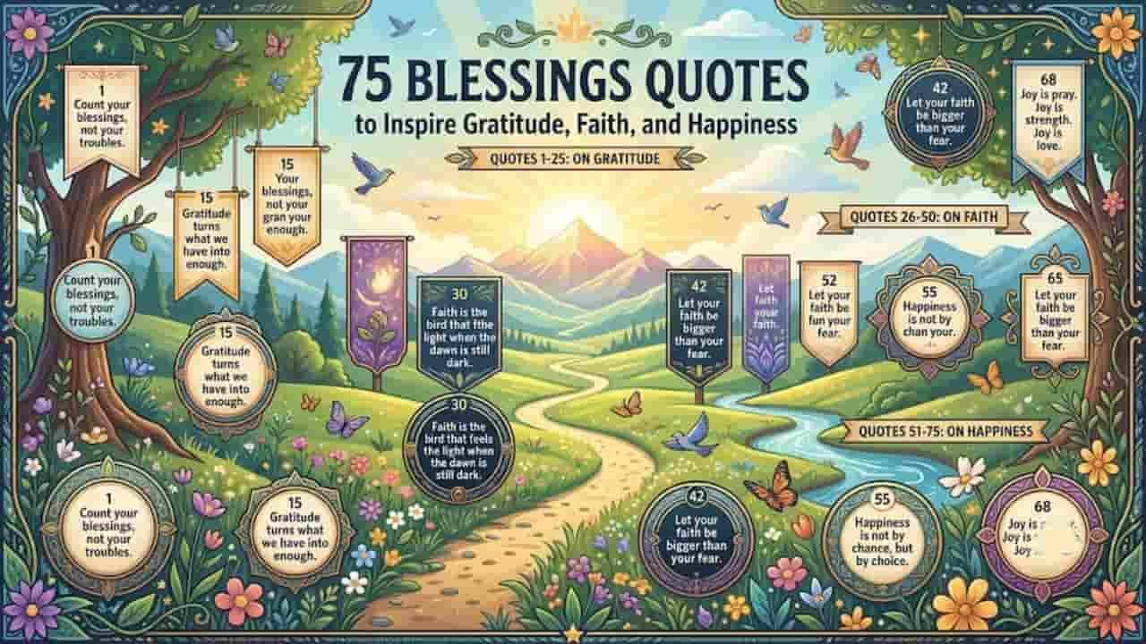 A decorative 16:9 banner featuring the title "75 Blessings Quotes to Inspire Gratitude, Faith, and Happiness" set against a serene landscape of rolling green hills, a winding path, a river, and a glowing sunrise. The scene is adorned with vibrant wildflowers, butterflies, flying birds, and wooden frames displaying uplifting quotes.