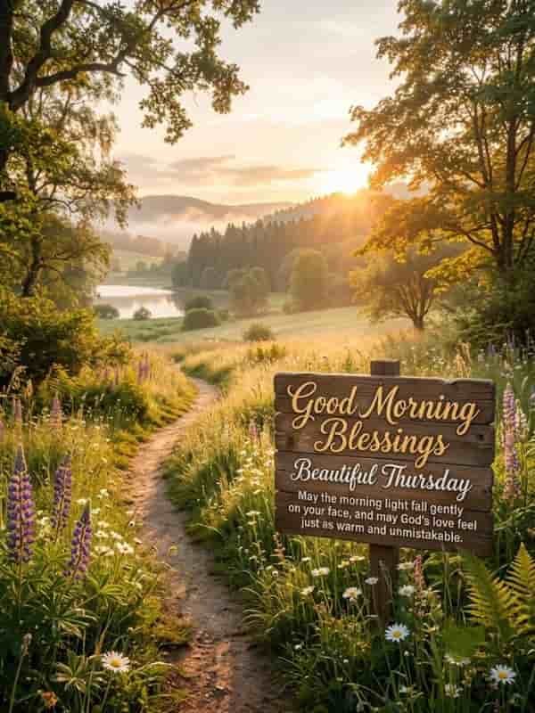 An image featuring a rustic wooden sign set in a vibrant field of wildflowers along a winding dirt path. The sign is inscribed with the text, "Good Morning Blessings, Beautiful Thursday. May the morning light fall gently on your face, and may God's love feel just as warm and unmistakable." In the background, the sun rises over misty rolling hills, a calm lake, and lush green trees, casting a warm golden glow across the landscape.