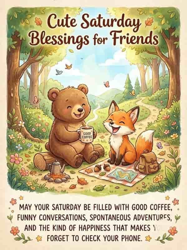 Cute Saturday blessing greeting card featuring an illustration of a cute bear drinking coffee and a smiling fox sitting on a picnic blanket outdoors along a sunny forest path, with the text "May your Saturday be filled with good coffee, funny conversations, spontaneous adventures, and the kind of happiness that makes you forget to check your phone."