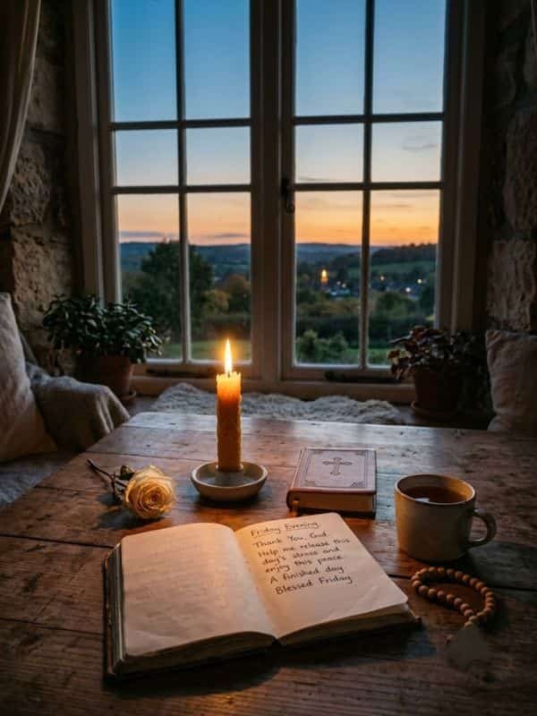 A cozy window setup at dusk featuring a candle, a cup of tea, and an open journal displaying handwritten Friday evening prayer text.