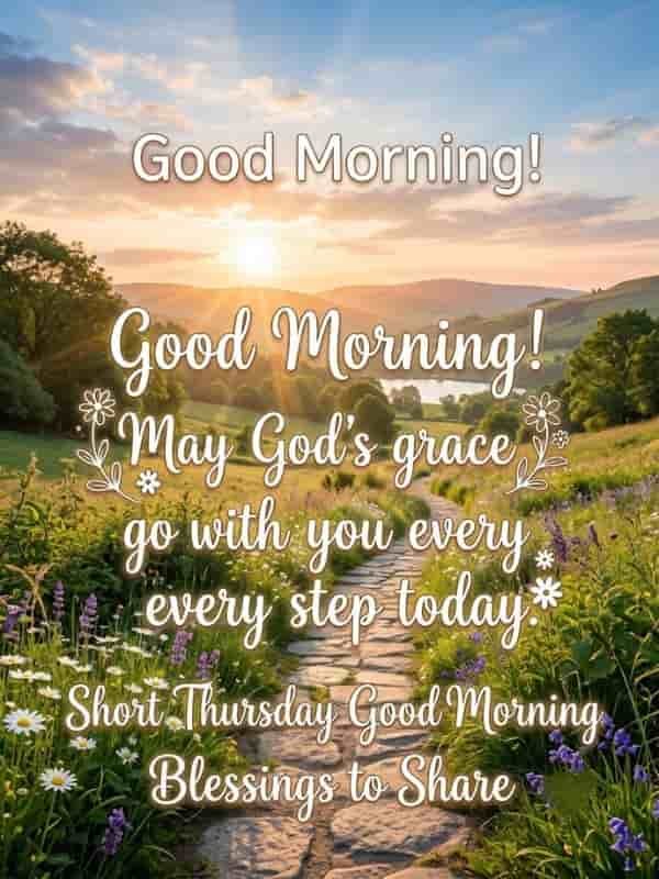 A sunrise over a scenic mountain landscape with a cobblestone path winding through a wildflower meadow, featuring the text "Good Morning! May God's grace go with you every step today."