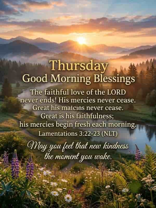 Thursday Good Morning Blessings graphic featuring the sunrise over a tranquil river and mist-covered mountain landscape surrounded by wildflowers, with text quoting Lamentations 3:22-23.   