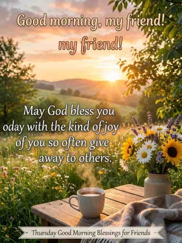A steaming coffee cup, a vase of bright daisies and sunflowers, and a cozy blanket rest on a wooden table overlooking a sunny wildflower field at morning light.